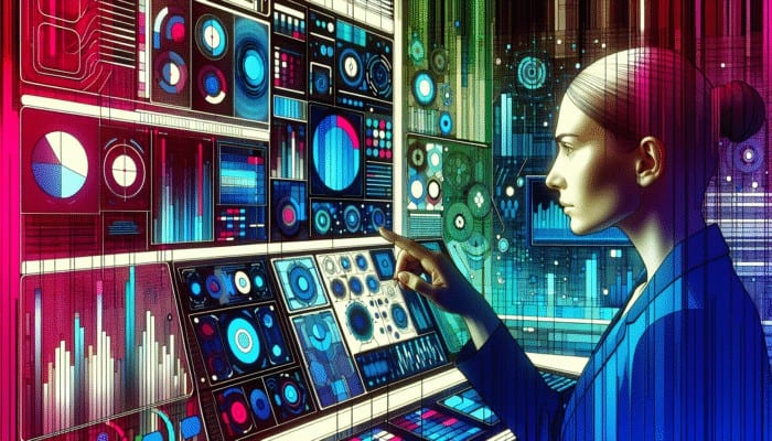 A digital dashboard showing PPC campaign data, graphs, and a marketer analyzing results in a modern office.