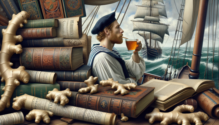 Ginger for Nausea Relief: 19th-century British sailor drinking ginger tea on a rocking ship, with historical texts in the background, illustrating ginger's use for nausea relief.