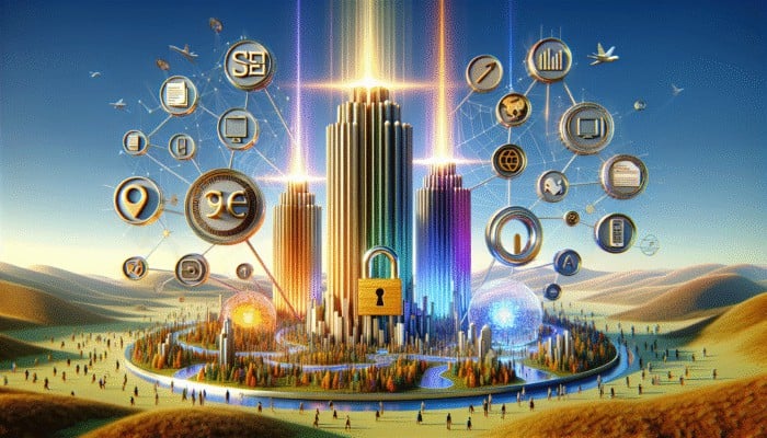 Three pillars of SEO: Technical, On-page, Off-page, with icons representing optimization aspects.