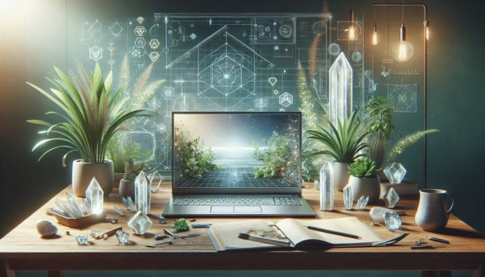 A laptop showing SEO analytics on a desk with plants, crystals, and a vision board.