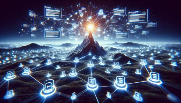 A digital landscape with glowing backlinks enhancing a central node's authority, symbolizing SEO strategies.
