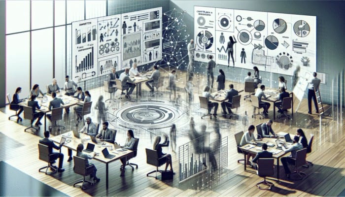 Top Content Marketing Agencies: Marketers in an office analyzing data, strategizing on whiteboards, with charts and graphs around.