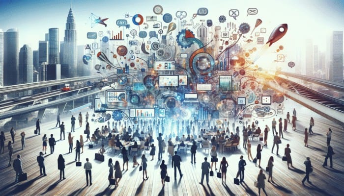 Diverse people interacting with successful marketing campaigns in an urban setting, showcasing creativity and impact.