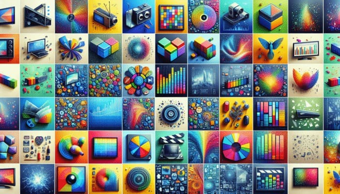 A vibrant collage of various display ad formats including banners, pop-ups, and video ads on digital screens.