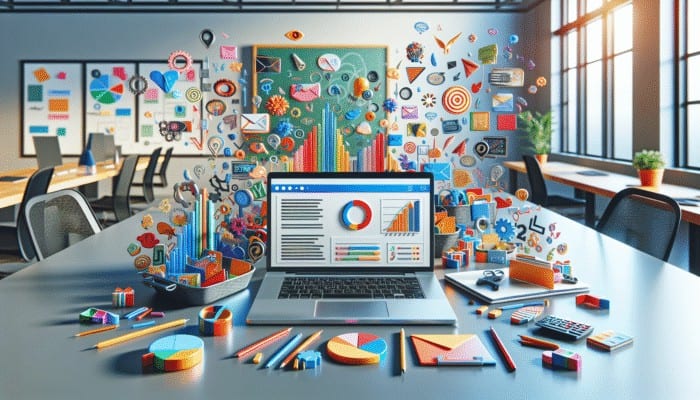 A laptop showing an email campaign with icons for segmentation, personalized offers, and engagement metrics in a modern office.