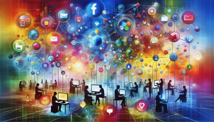 Basic Digital Marketing: A vibrant digital landscape showing interconnected nodes for social media, email, and search engines converging towards engaged users on devices.