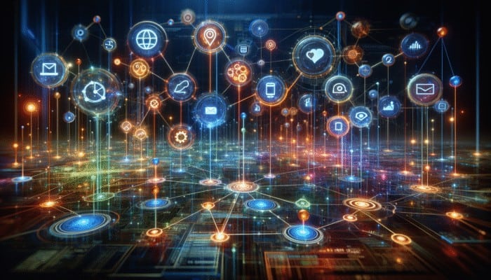 A futuristic digital landscape with nodes representing search engines, social media, email, and mobile apps, interconnected by glowing lines.