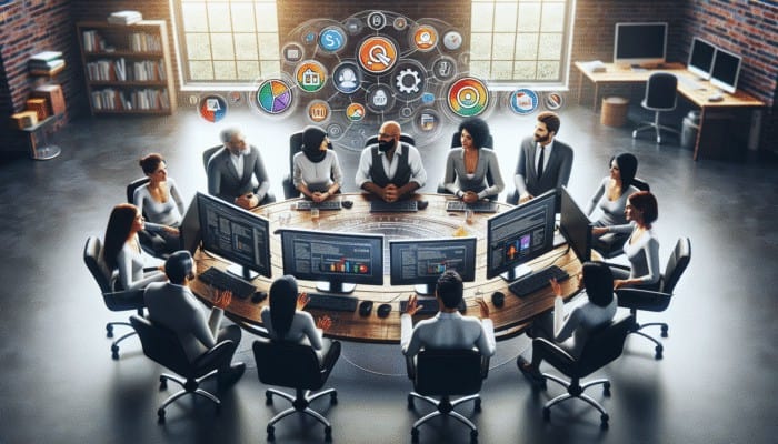 Digital Marketing Agency for Small Business: Digital marketing agency workspace with SEO analytics, charts, and small business owners discussing strategies.