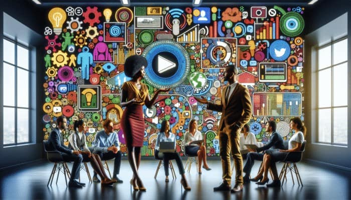 Digital marketing team brainstorming content strategies in a modern office with diverse audience demographics.