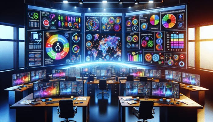 Digital Marketing Plans: A digital marketing hub showing SEO, PPC, and social media strategies for brand enhancement.