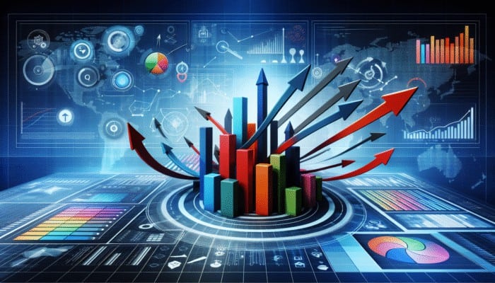 A vibrant digital marketing strategy map with colorful arrows and charts on a sleek interface, illustrating clear goals and objectives steering towards business growth.
