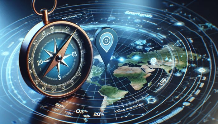 Digital Campaign: A compass on a digital map guiding a campaign towards a 20% sales increase in three months.