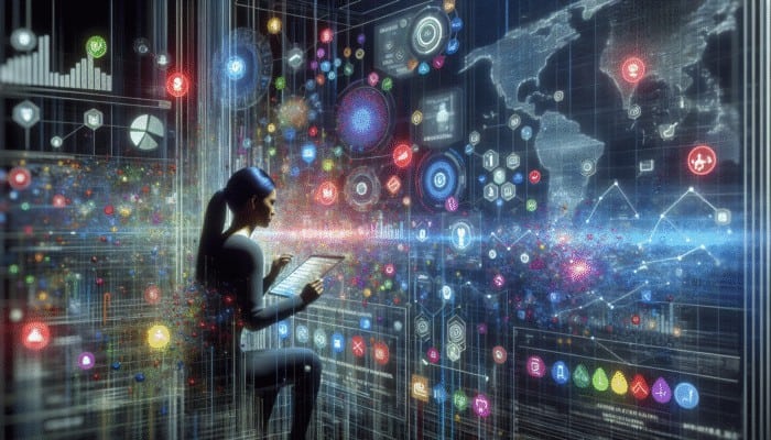 A digital strategist analyzing data on a futuristic screen with social media icons and engagement graphs.