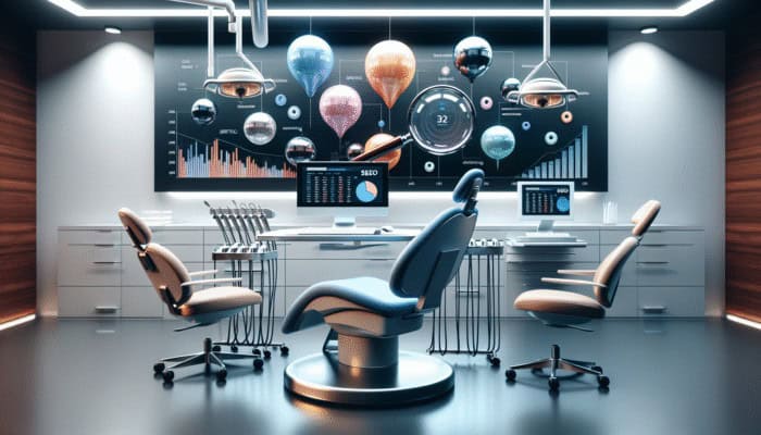 Dental Internet Marketing: Modern dental office with SEO analytics on computer, keywords floating, magnifying glass on search results, upward trend graph.