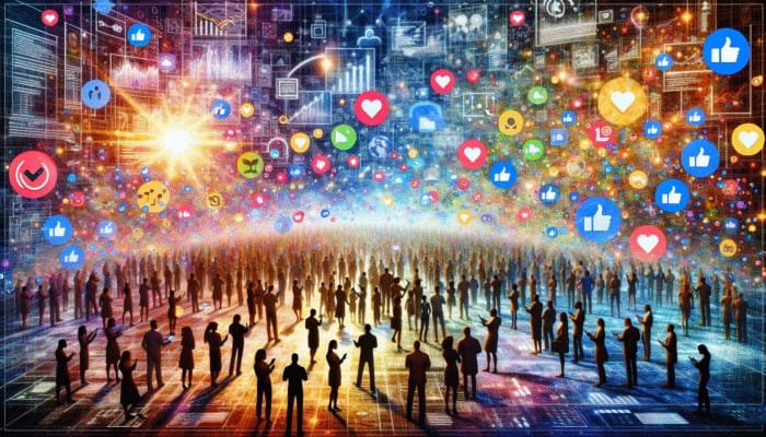 A vibrant digital landscape with people engaging with social media icons, likes, and comments.