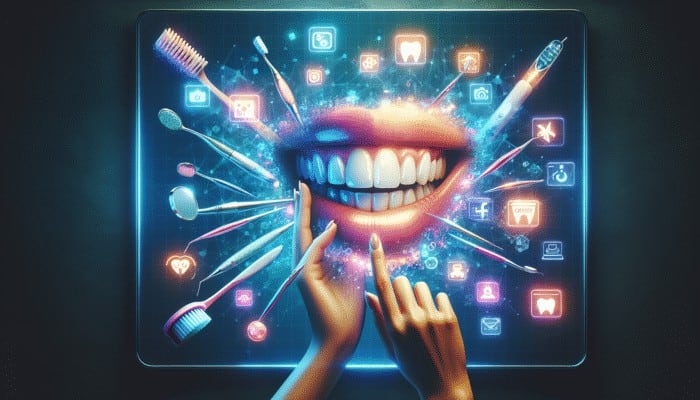 Modern dental practice ad on digital billboard, targeting diverse demographics on social media for new services and appointments.