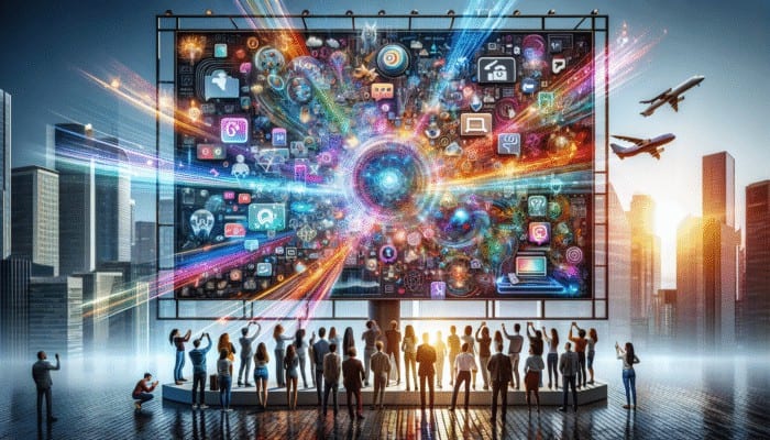 Digital Media Advertising: A vibrant digital billboard showing ads on social media, websites, and mobile apps, with people engaging in a modern cityscape.