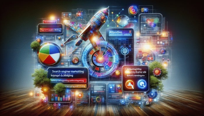 A vibrant collage of search engine marketing and display ads on a digital interface, illustrating diverse digital advertising strategies.