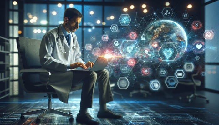 Digital Marketing for Healthcare: A healthcare provider using a laptop to enhance online visibility through website optimization and social media engagement.