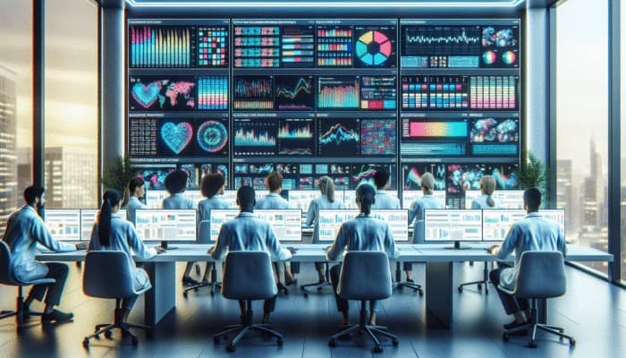 A diverse team analyzing colorful data analytics graphs on digital screens in a modern healthcare office.