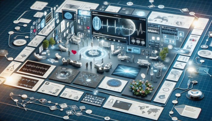 Infographic and video on a digital screen showing medical procedure and patient journeys for healthcare audience.