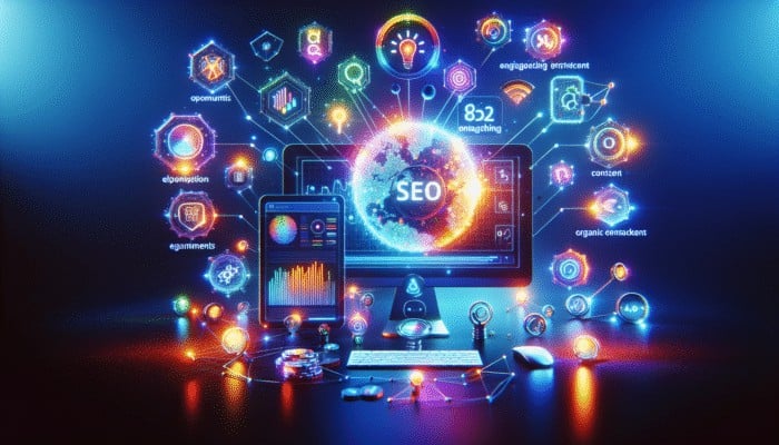 Digital Marketing Agency Website: A glowing digital marketing agency website with SEO elements, attracting organic traffic and ranking high.