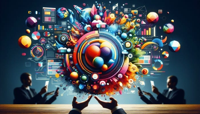 A vibrant digital marketing agency website hub with glowing screens showcasing engaging content, radiating authority and trust.