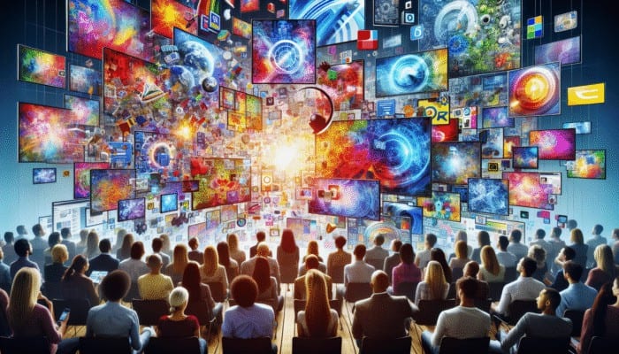 Media Marketing Company: A collage of digital screens showing ads on various platforms with an engaged diverse audience.