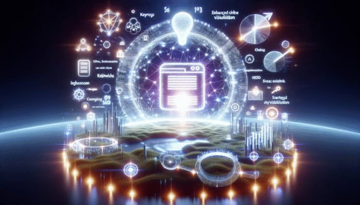 A glowing website surrounded by floating keywords and SEO tools, symbolizing enhanced online visibility.