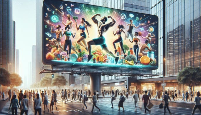 A vibrant digital billboard in a bustling city showcasing a fitness campaign with energetic athletes and health supplement ads.