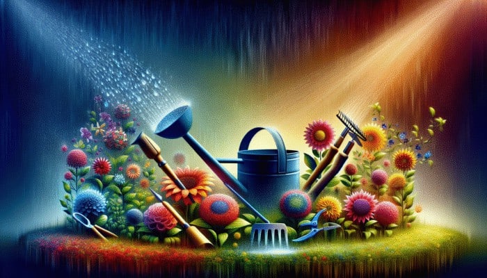 Online Marketing Near Me: A lush garden with blooming flowers symbolizing a website, nurtured by SEO techniques for enhanced visibility and customer growth.