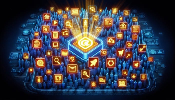 A glowing brand stands out in a digital marketplace, attracting customers with targeted online ads.