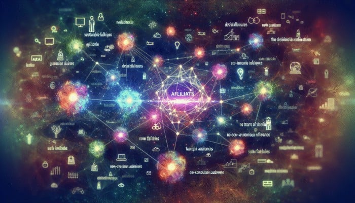 A network of nodes and light streams symbolizing a sustainable fashion brand's expanded reach through eco-conscious affiliates.