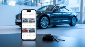 A smartphone displaying a car rental app is on a table with car keys in front of it. In the blurred background, a sleek black sedan is parked in a modern, well-lit showroom, highlighting the convenience of online booking through car rental apps.