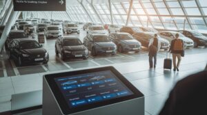 A modern car rental area at an airport, showcasing rows of parked cars. Two travellers with luggage walk towards the vehicles, while a touchscreen kiosk displays options for online car rentals. Natural light streams through large windows.