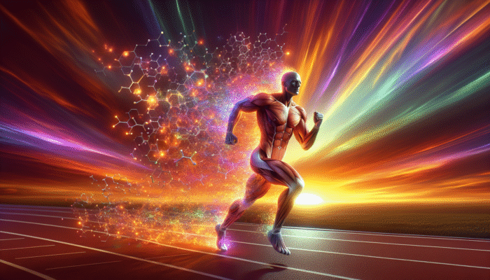 Athlete running on a track at sunset, enhanced by glowing BCAA particles.