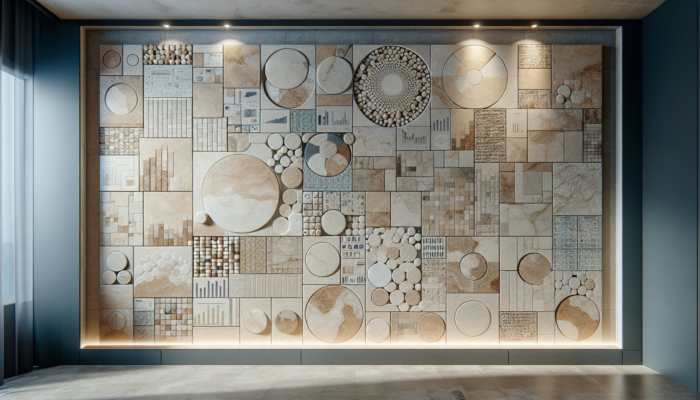 Display of filled and unfilled travertine tiles in a UK showroom, ideal for high-traffic locations.