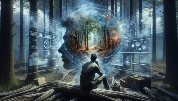 A person visualising a survival scenario, constructing shelter in the forest, enhancing skills.