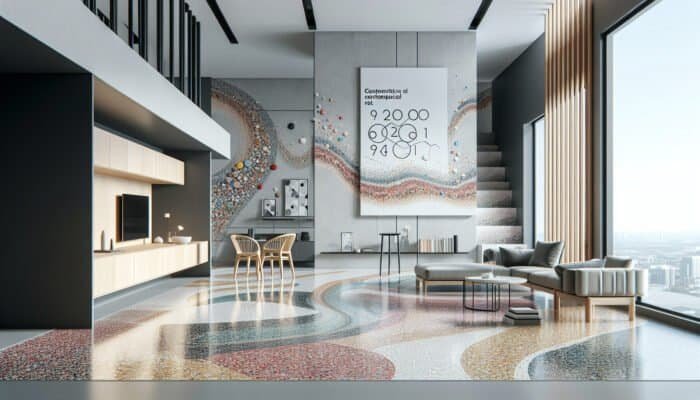 Complete Guide to Terrazzo Floor Restoration in West Lothian Homes: Displaying vibrant, swirling terrazzo flooring in a sleek, modern apartment.