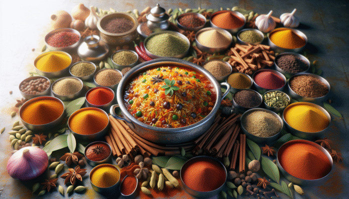 A vibrant kitchen scene filled with spices and a steaming pot of biryani.