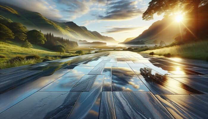Highlighting the Significance of Waterproofing Stone Floors in Inverclyde: A stunning landscape showcasing a luxurious waterproofed stone floor reflecting its vibrant environment, illustrating durability and protection.