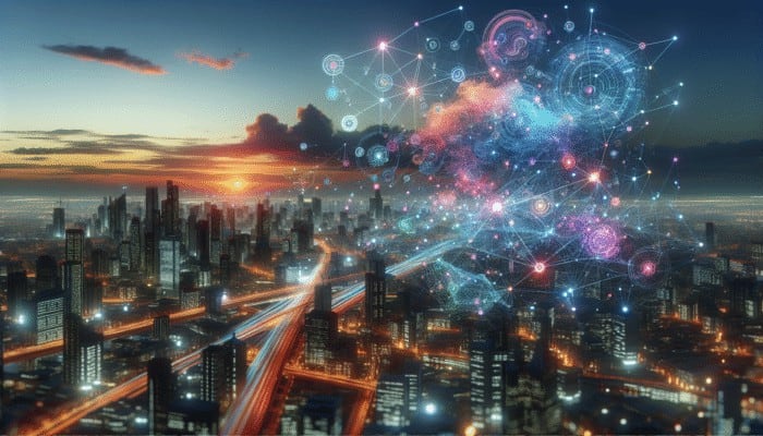 A vibrant digital interface with interconnected nodes and data streams against a futuristic cityscape at dusk.