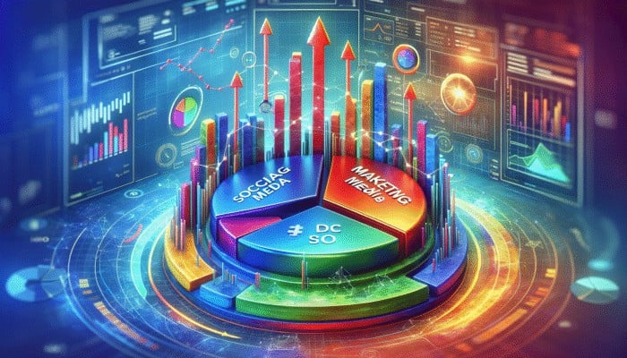 Infographic showing marketing budget pie chart with social media, SEO, PPC, and digital graphs indicating ROI growth.