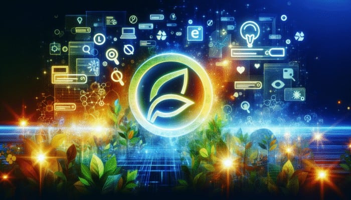 Search Marketing Agencies: A glowing eco-friendly website icon spotlighted amidst search engine logos, symbolizing enhanced SEO and visibility.