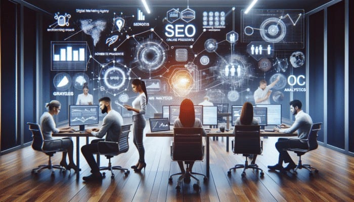 A digital marketing team working on SEO, PPC, and analytics in an office filled with data screens.