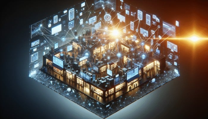 A vibrant network of digital and physical retail channels linked by glowing data streams.