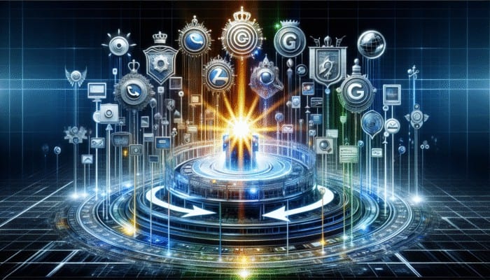 Digital Marketing Agency: A glowing website at the center, surrounded by search engine logos, enhanced by arrows and keywords.