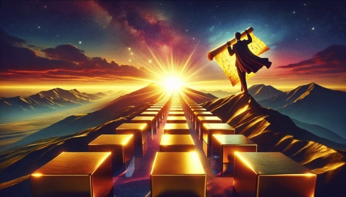 A person atop a mountain with a glowing scroll, golden steps leading up, symbolizing success.