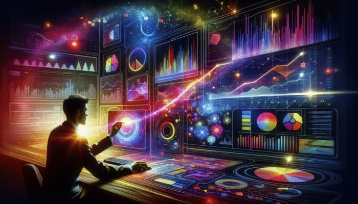 A digital marketing strategist analyzing graphs and charts on screens, using Google Analytics.