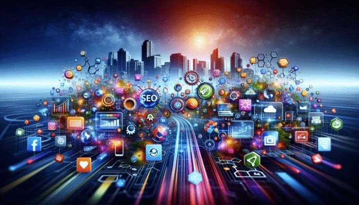 Internet Marketing: A dynamic digital landscape with SEO, content marketing, and social media icons against a modern city skyline.